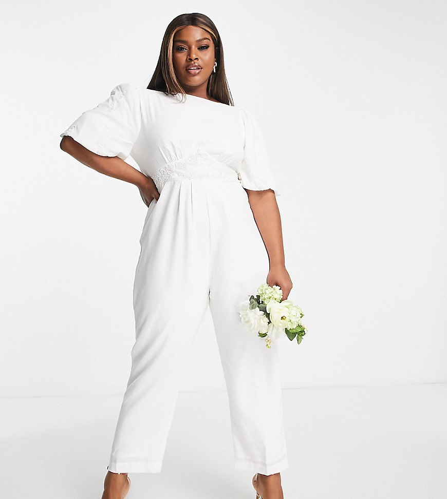 Hope & Ivy Plus Bridal puff sleeve bow back jumpsuit in ivory-White