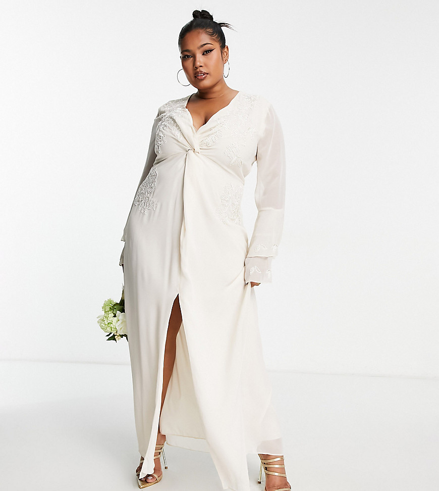 Hope & Ivy Plus Bridal tiered sleeve embroidered maxi dress in ivory-White