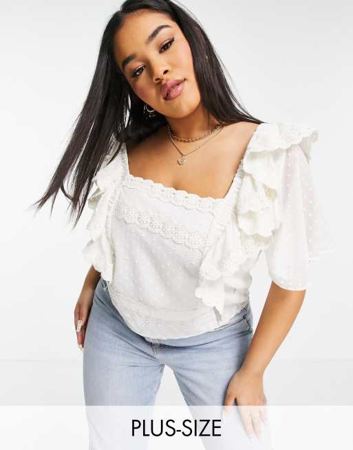 Hope & Ivy Plus broderie frill sleeve top with bow tie back in ivory