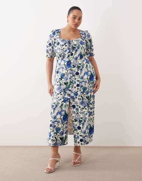 Hope & Ivy Plus button detail split front midi dress in blue floral