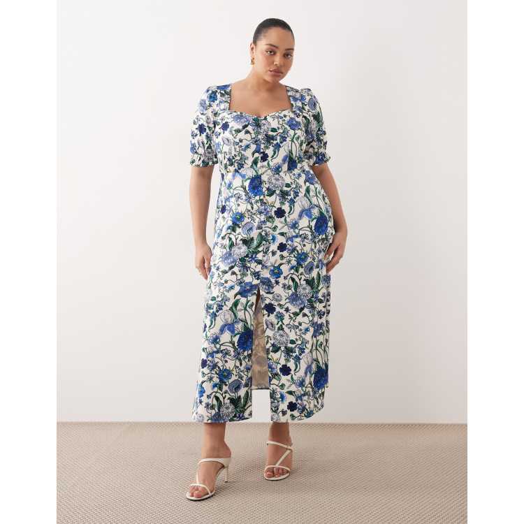 Hope & Ivy Plus button detailing slit front midi dress in blue floral | ASOS