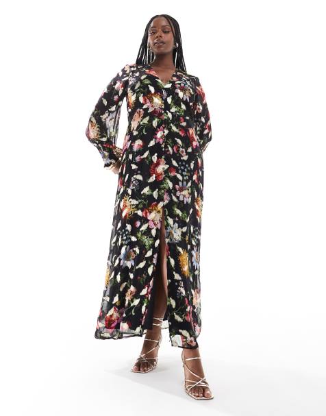 Hope & Ivy Plus button front midaxi dress with tie back in black based floral with gold fleck  - view 1