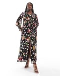 [Hope & Ivy Plus] Hope & Ivy Plus button front midaxi dress with tie back in black based floral with gold fleck 28 Black Print