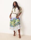 [Hope & Ivy Plus] Hope & Ivy Plus button front midi dress with tiered skirt and tie waist in scenic print-Green 20 Green Multi