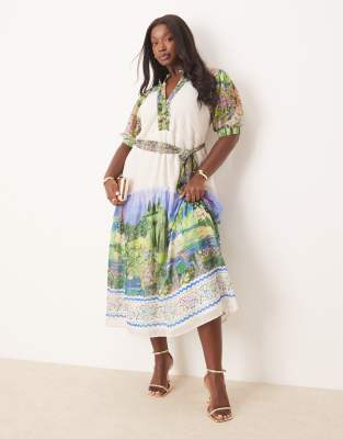 hope & ivy plus button front midi dress with tiered skirt and tie waist in scenic print