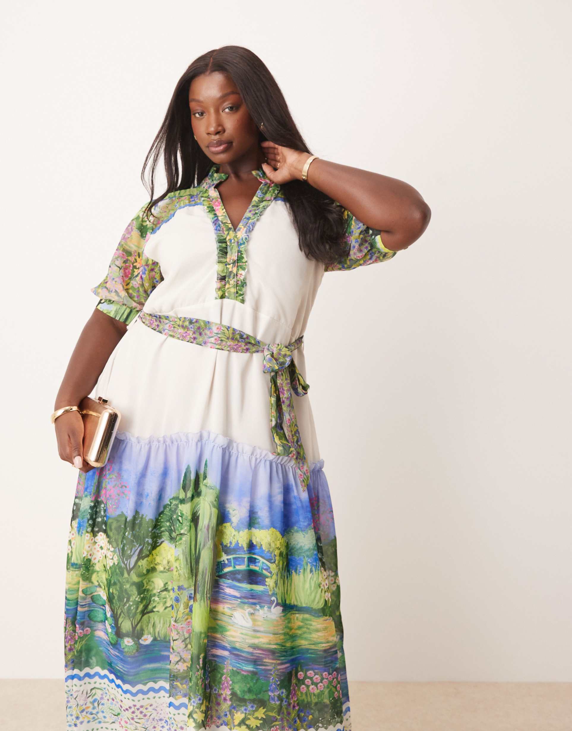 hope & ivy plus button front midi dress with tiered skirt and tie waist in scenic print