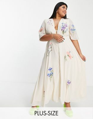 Hope & Ivy Plus carmen embroidered midi dress in cream - ASOS Price Checker