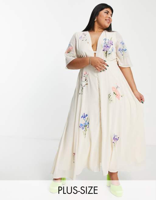 Hope & Ivy Plus – Carmen – Krämvit, broderad midiklänning