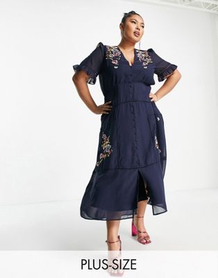 Hope & Ivy Plus Claudine embroidered dress in navy