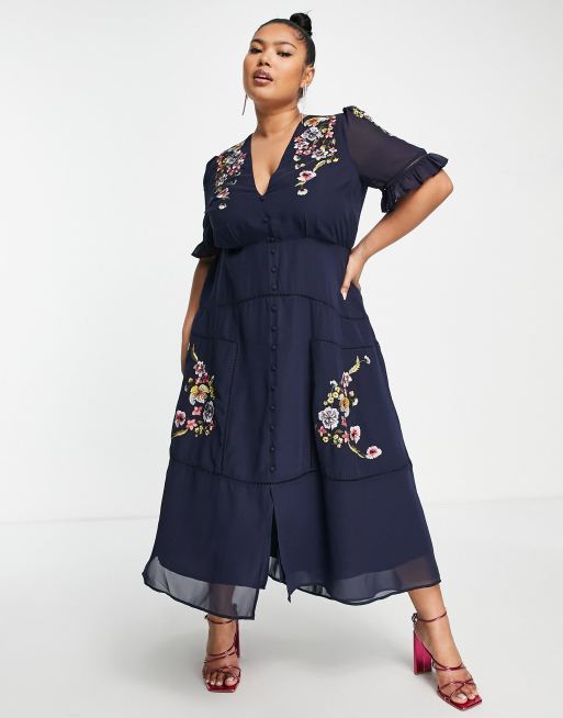 Hope & Ivy Plus - Claudine - Jurk met borduursels in marineblauw, 4 van 4