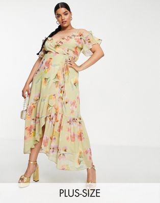 Hope & Ivy Plus cold shoulder ruffle maxi dress in sage floral-Green