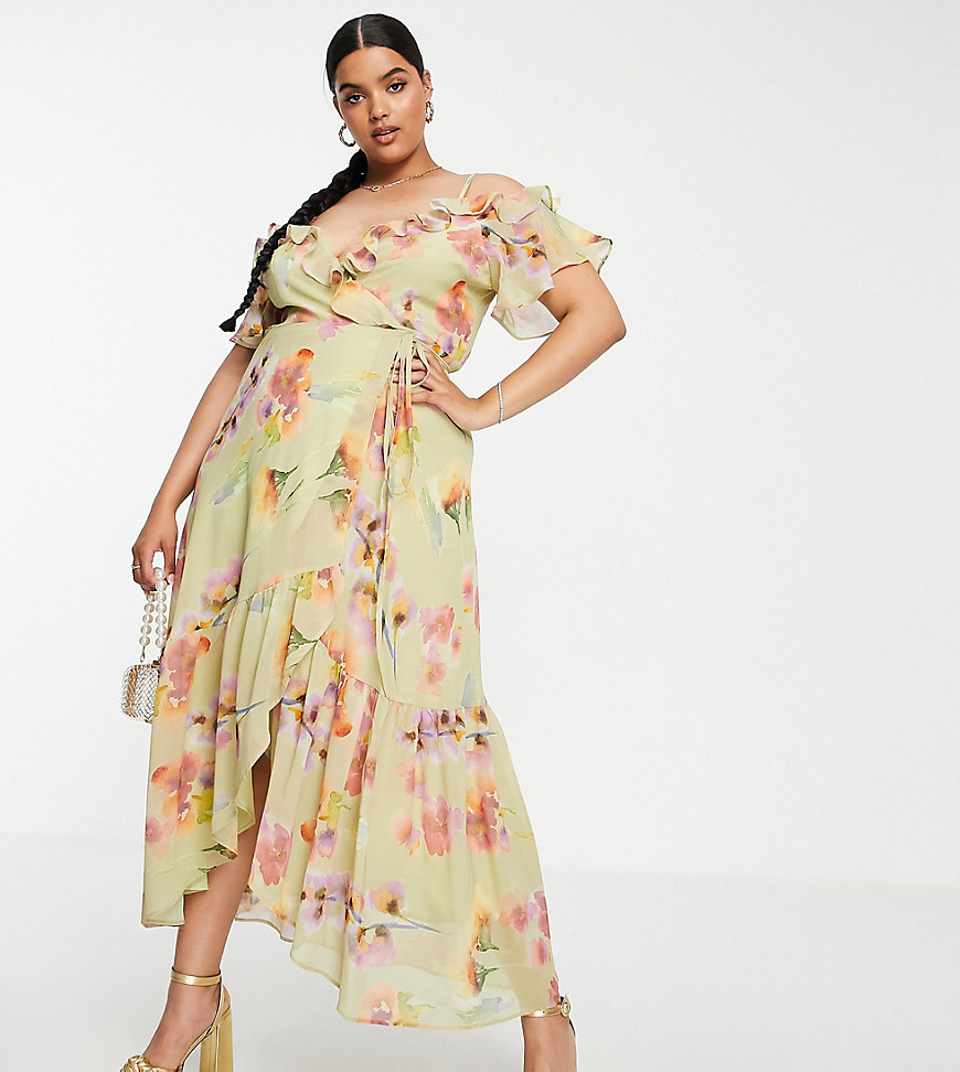 Hope & Ivy Plus cold shoulder ruffle maxi dress in sage floral-Green