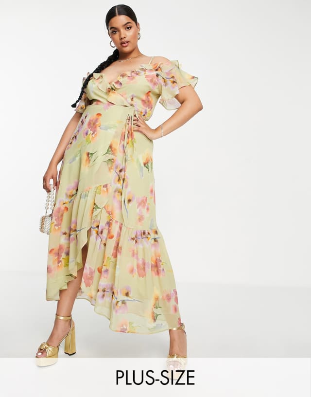 Hope & Ivy Plus cold shoulder ruffle maxi dress in sage floral