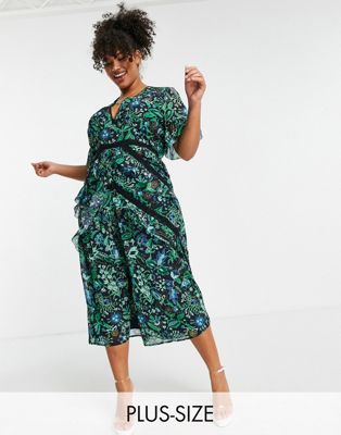 Hope & Ivy Plus contrast lace midi tea dress in blue and green floral