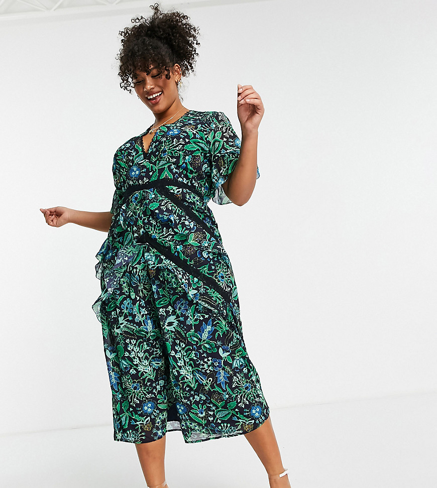Hope & Ivy Plus contrast lace midi tea dress in blue and green floral-Multi