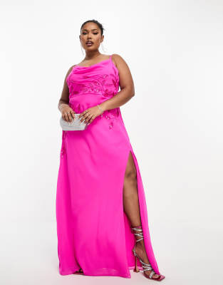 Hope & Ivy Plus cowl neck embellished maxi dress in bright pink - ASOS Price Checker