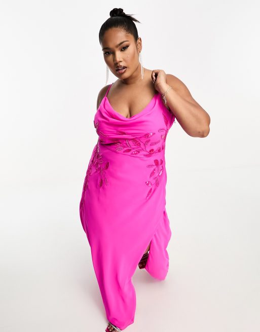 Hope Ivy Plus cowl neck embellished maxi dress in bright pink