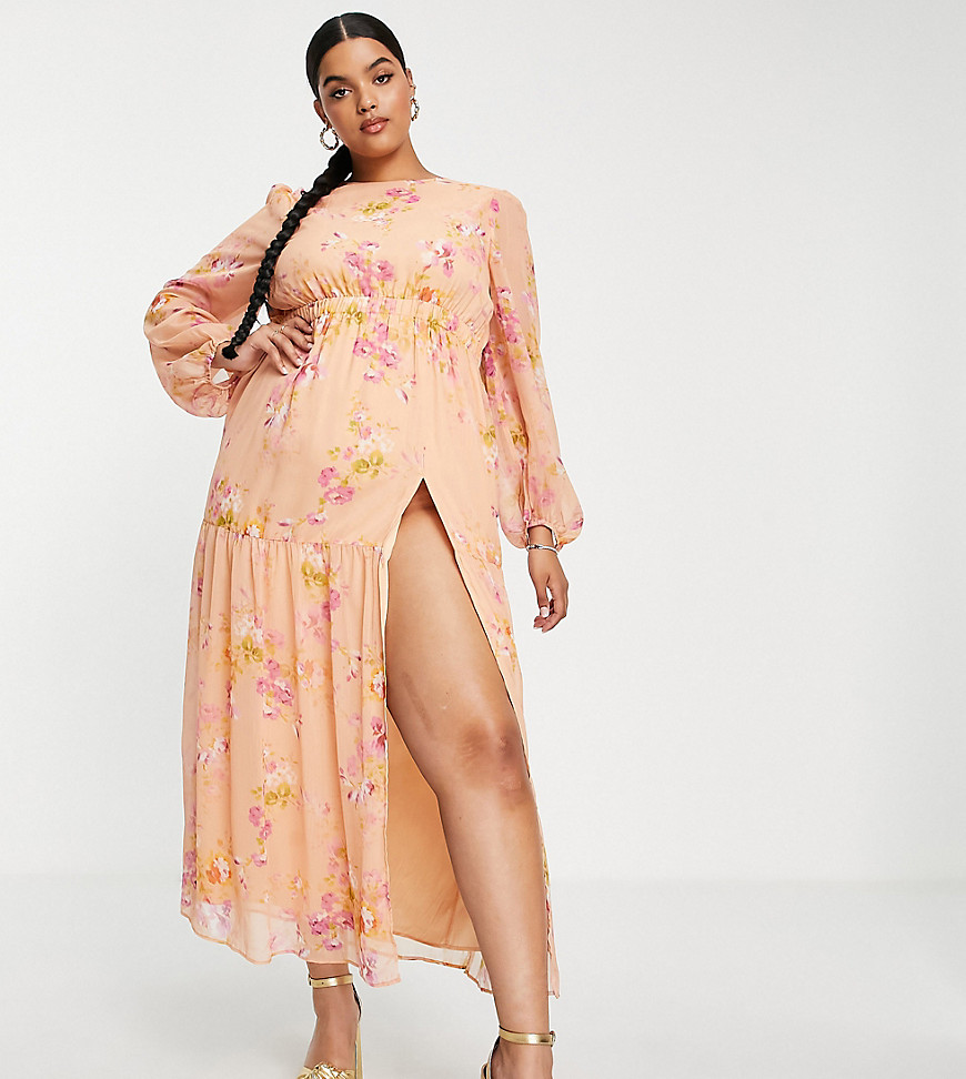 Hope & Ivy Plus cut-out balloon sleeve maxi dress in peach and ochre floral-White