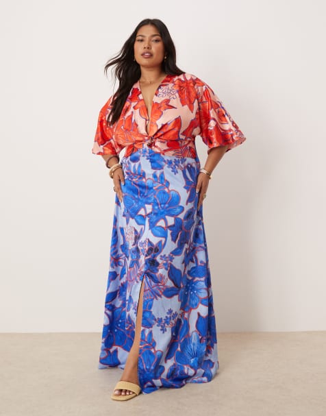 Hope & Ivy Plus knot front kimono maxi dress in red and blue contrast