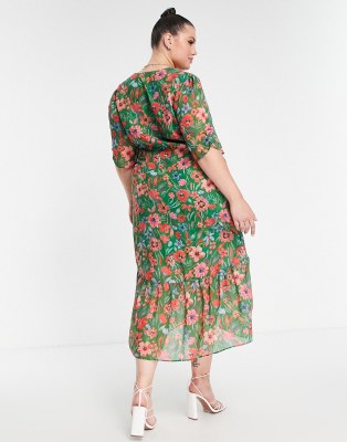 Hope & Ivy Plus drop hem midi tea dress in green floral | ASOS