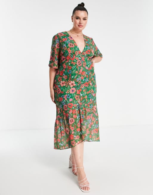 Hope & Ivy Plus drop hem midi tea dress in green floral | ASOS