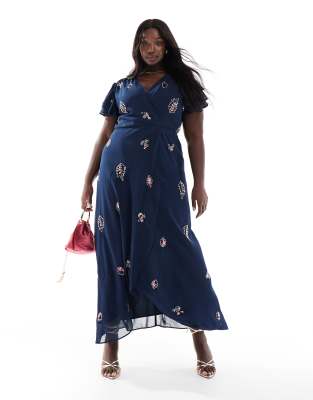 embellished frill sleeve maxi wrap dress with tie waist in navy