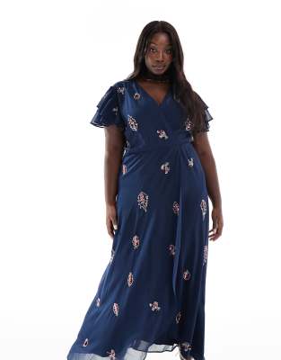 Hope & Ivy Plus Embellished Frill Sleeve Maxi Wrap Dress With Tie Waist In Navy