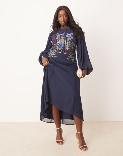 Hope & Ivy Plus embellished high neck midi dress with blouson sleeves in navy - view 1