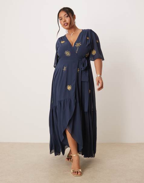Hope & Ivy Plus embellished maxi wrap dress in navy - view 1