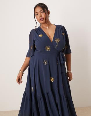 Hope & Ivy Plus Embellished Maxi Wrap Dress In Blue