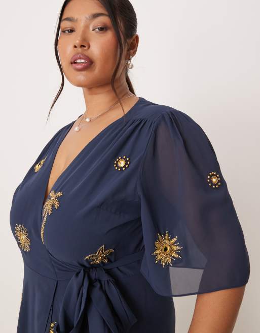 Hope & Ivy Plus embellished maxi wrap dress in navy, 3 of 4