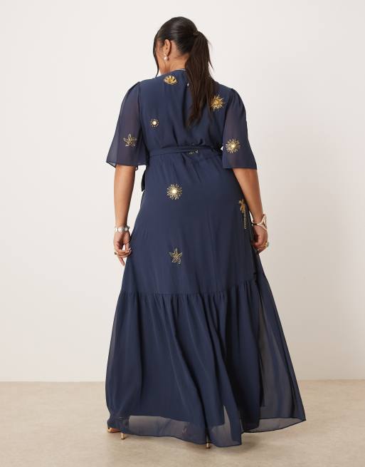 Hope & Ivy Plus embellished maxi wrap dress in navy, 4 of 4