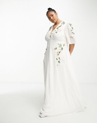 embellished plunge flutter sleeve maxi dress in cream-White