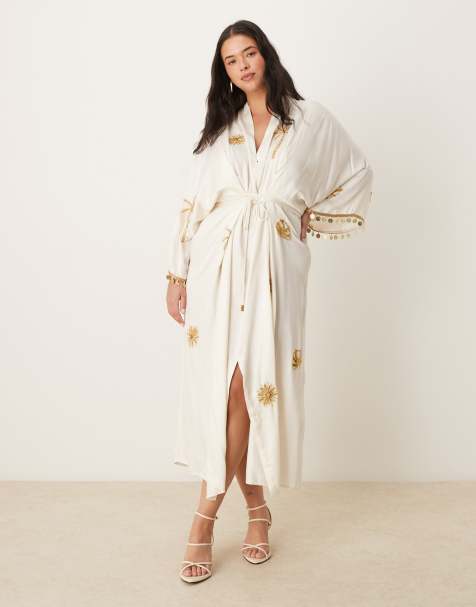 Hope & Ivy Plus embellished tie waist kimono wrap midi dress in ivory - view 1