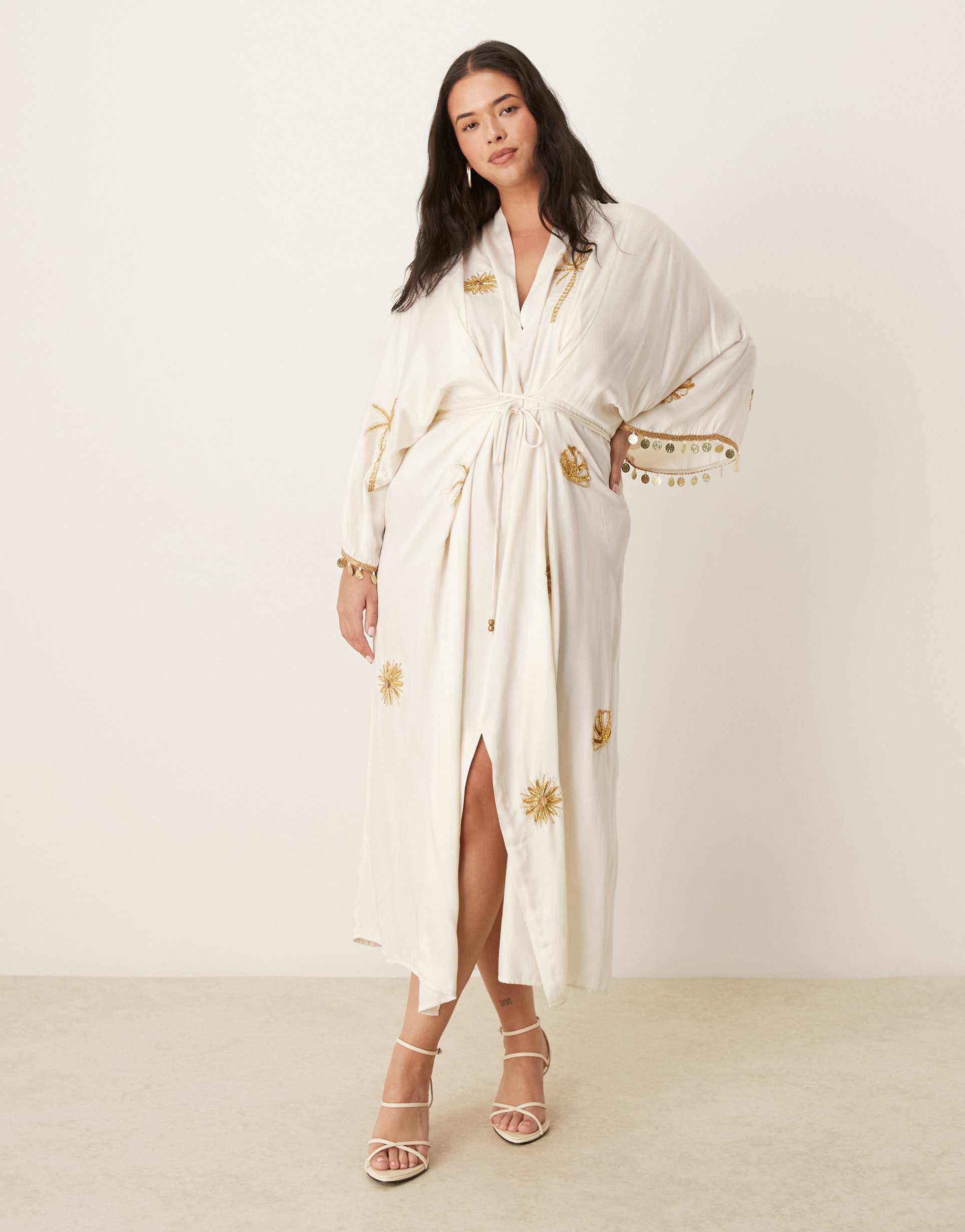 hope & ivy plus embellished tie waist kimono wrap midi dress in ivory