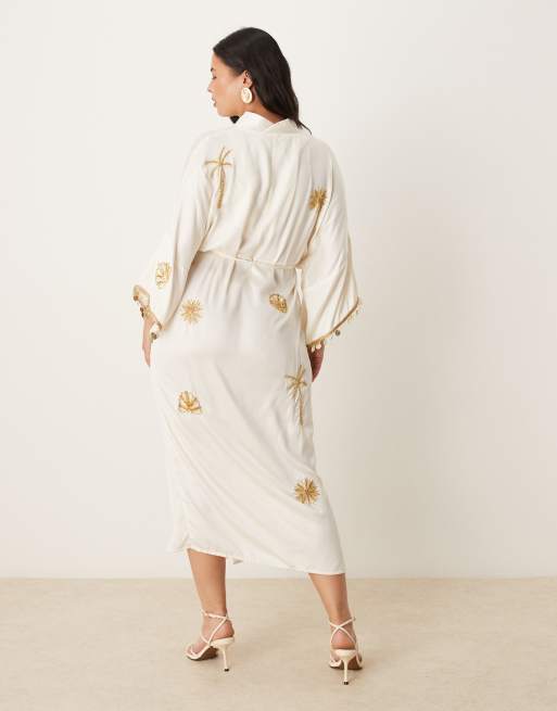 Hope & Ivy Plus embellished tie waist kimono wrap midi dress in ivory
