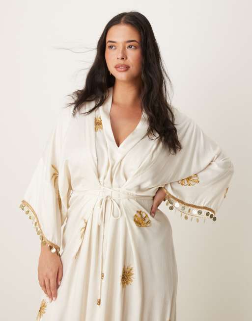 Hope & Ivy Plus embellished tie waist kimono wrap midi dress in ivory