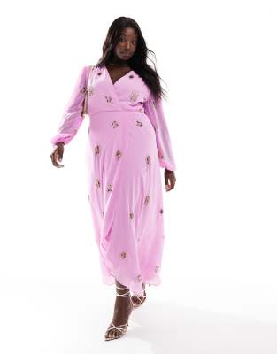 embellished wrap dress with tie waist and blouson sleeve in pink