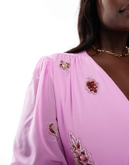 asos pink wrap dress ASOS DESIGN off the shoulder wrap bodice detailing maxi dress with train in  pink