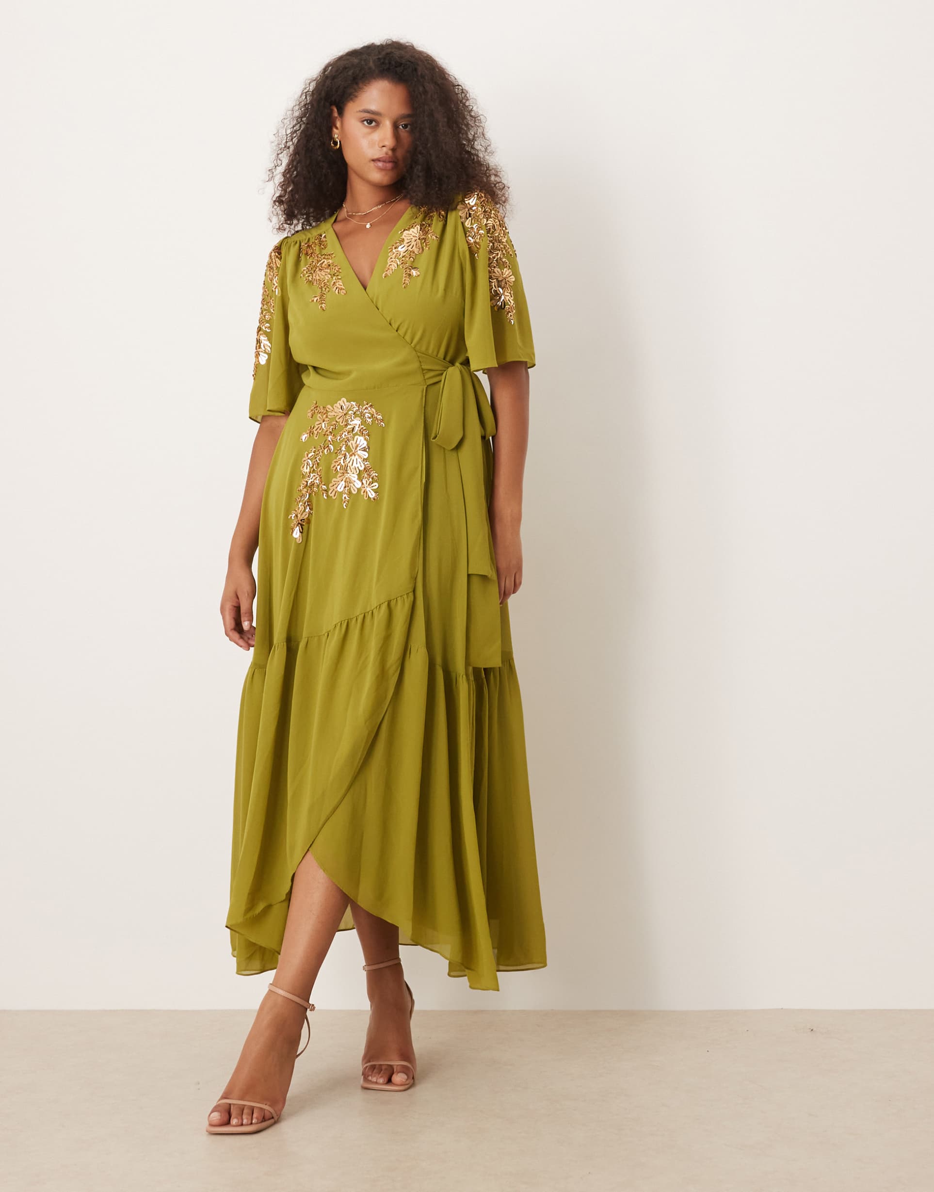 hope & ivy plus embellished wrap front maxi dress in olive