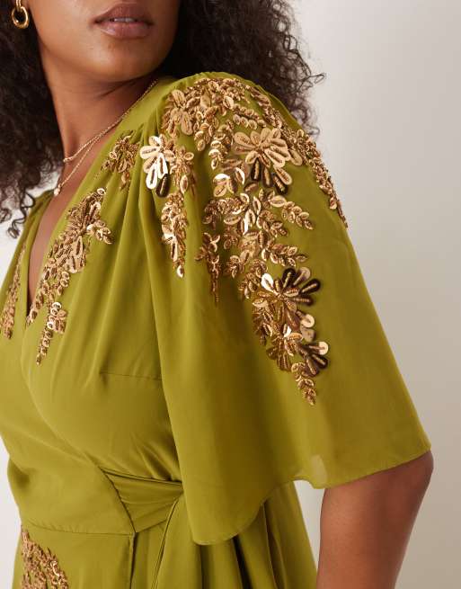 chinese dress ladies Floral Smocked Bodice Long Sleeve Maxi Dress Olive main image 1