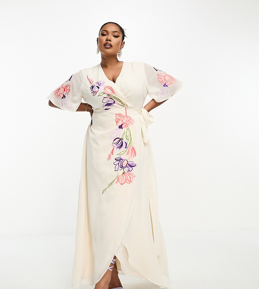 Hope & Ivy Plus embroidered floral maxi dress in ivory-White