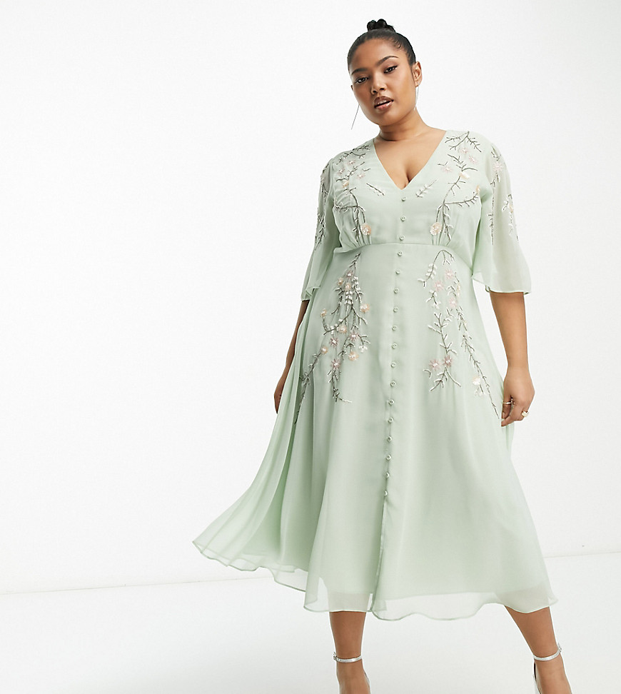 Hope & Ivy Plus embroidered plunge flutter sleeve midi dress in sage-Green