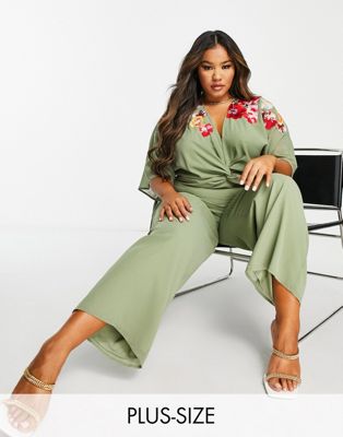 Hope & Ivy Plus embroidered plunge wide leg jumpsuit in olive green