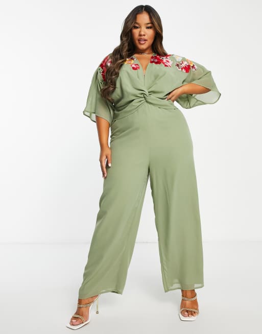 Hope & Ivy Plus embroidered plunge wide leg jumpsuit in olive