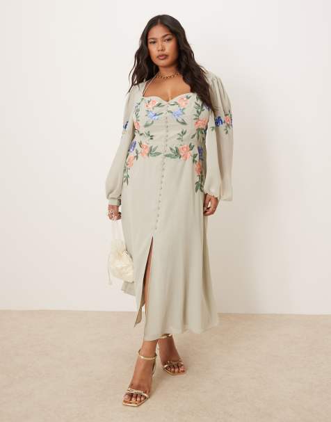 Hope & Ivy Plus embroidered square neck open back midi dress in sage - view 1