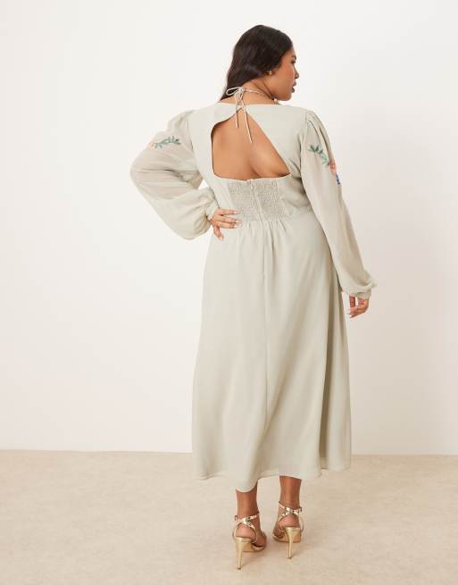 Hope & Ivy Plus embroidered square neck open back midi dress in sage