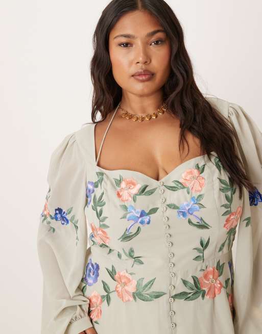 Hope & Ivy Plus embroidered square neck open back midi dress in sage