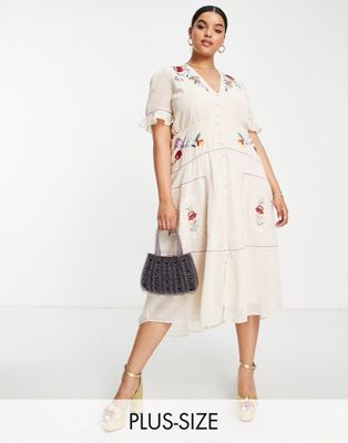 Hope & Ivy Plus embroidered tea midaxi dress in cream floral