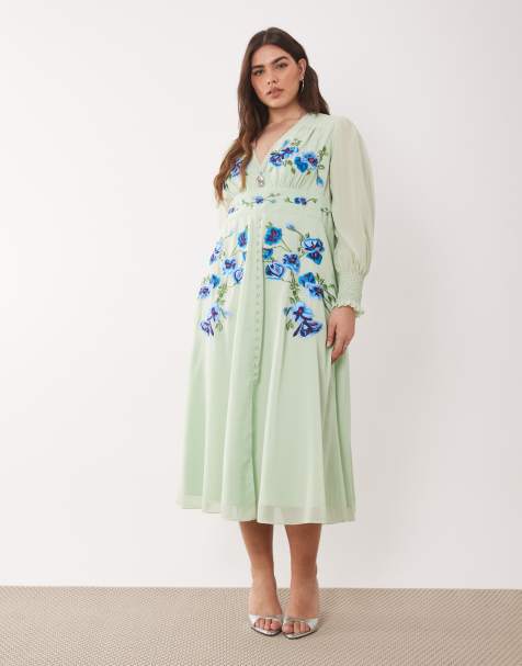 Hope & Ivy Plus embroidered wrap front sheer sleeve midi dress in mint green - view 1